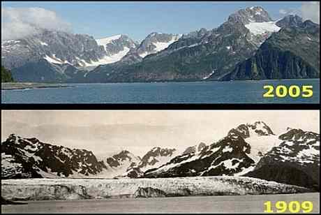 Vergleichsbild ein- und desselben Ortes - der vormals grosse Gletscher ist völlig verschwunden!